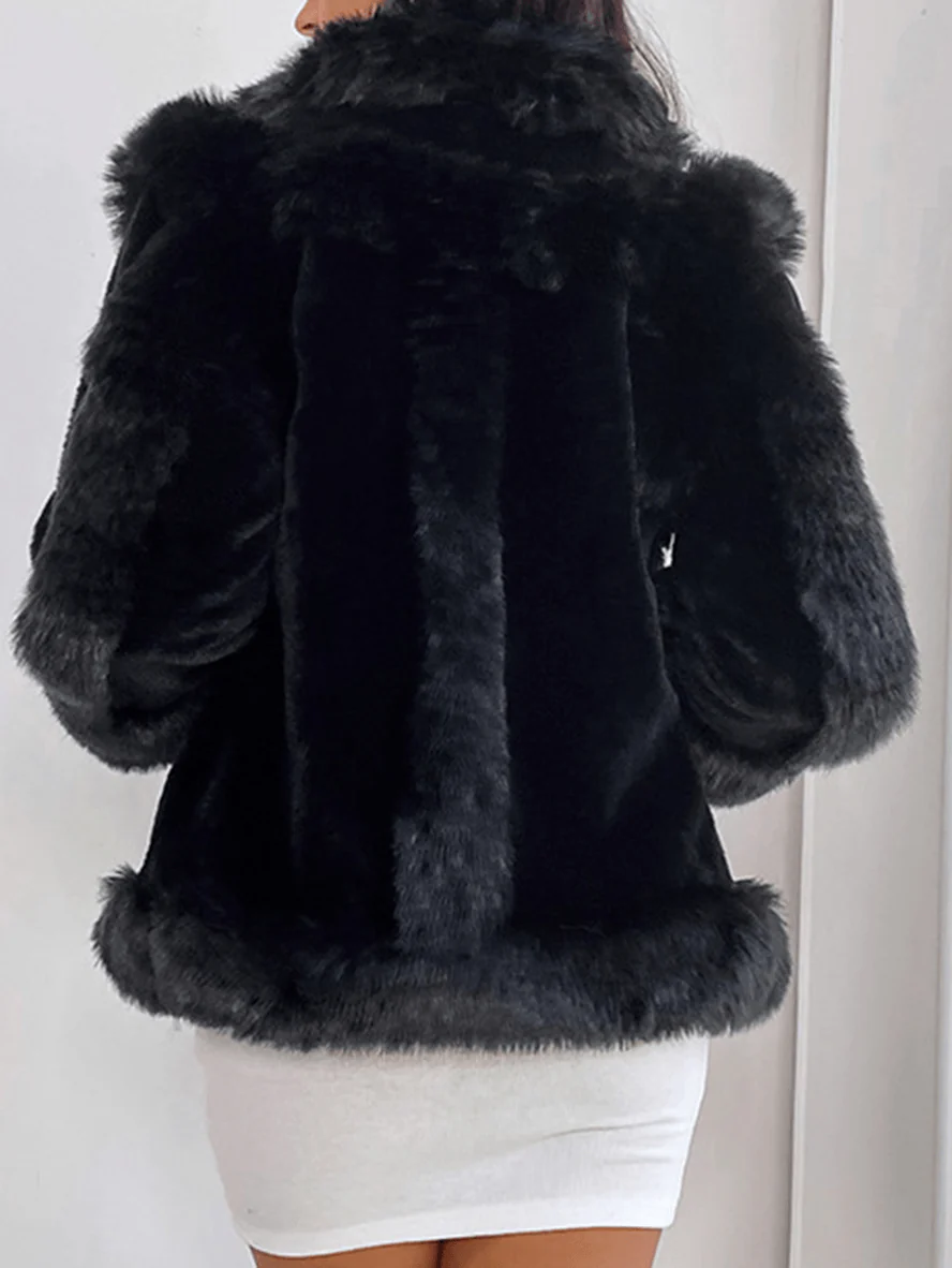 Inrosy court manteau en fausse fourrure unicolore manches longues femme élégant mode hiver veste noir – Image 5
